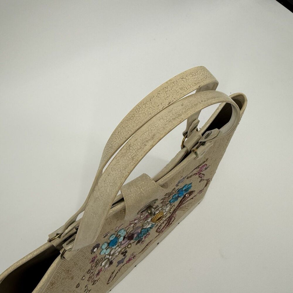Vintage 60s Jewel Tone Wood Tote Handbag Collins Style Purse Floral Bucket - Picture 3 of 13